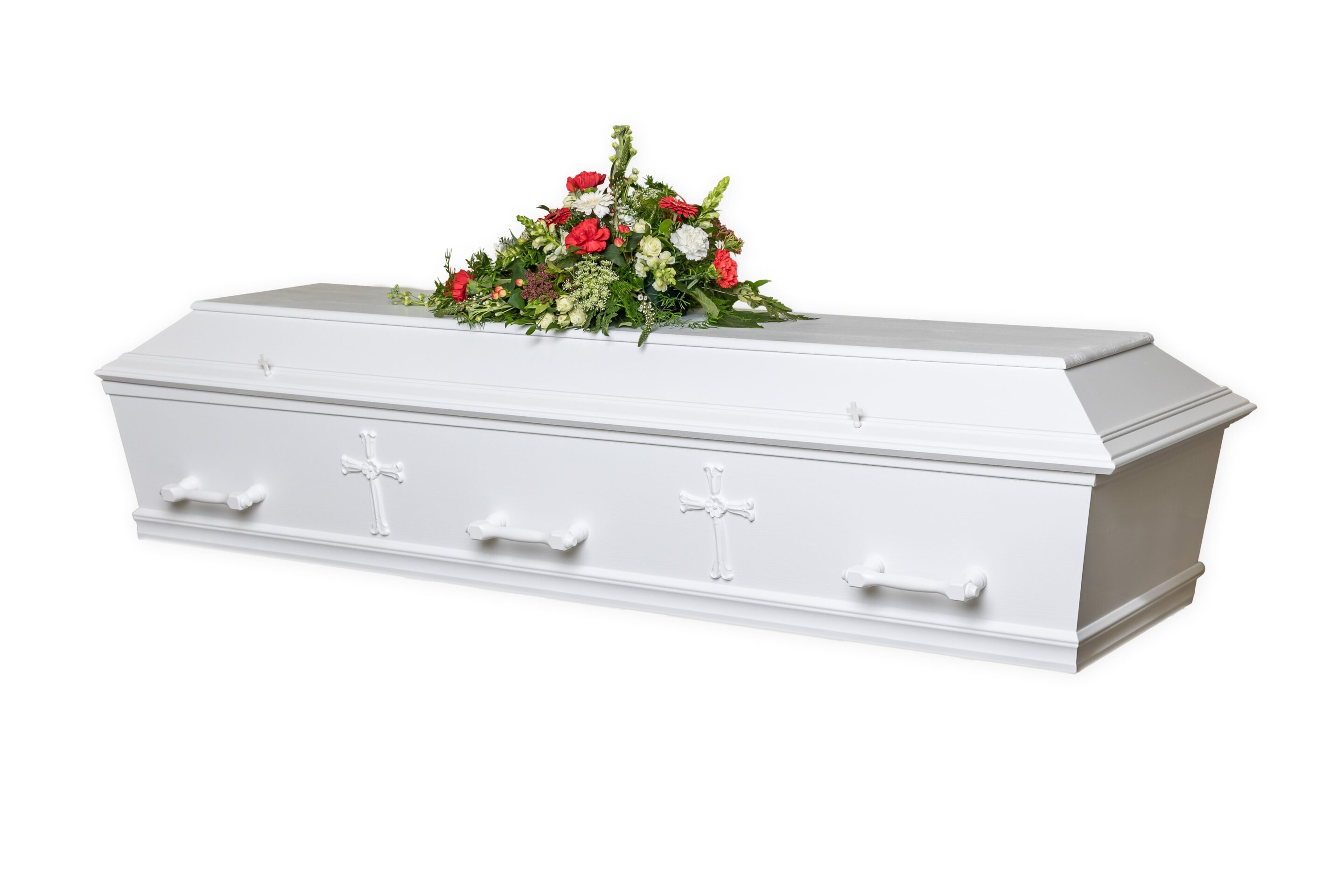 Nr. 3 –  Hvid kiste i massiv fyrretræ med Kors ornamentet til kremering og begravelse