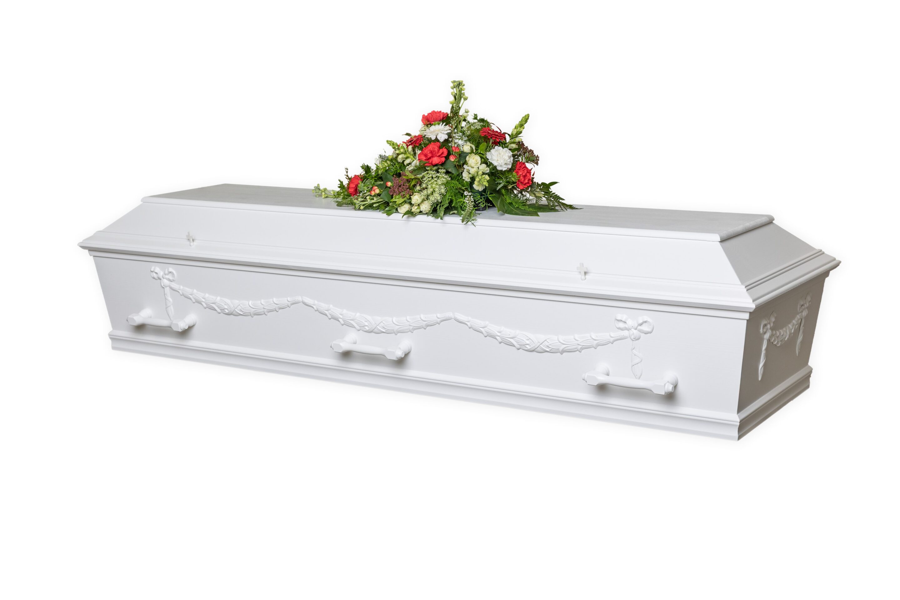 Nr. 4 – Hvid kiste i massiv fyrretræ med guirlander til kremering og begravelse