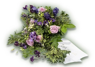 Bårebuket i røde og lilla nuancer