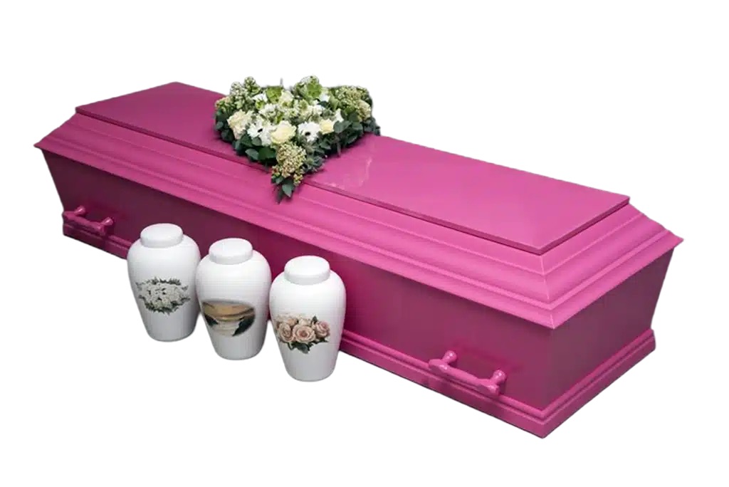 Begravelseskiste håndmalet pink. Med 6 håndtag
