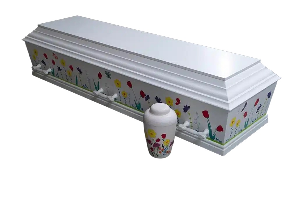 Håndmalet kiste med blomstermark og tilhørende urne