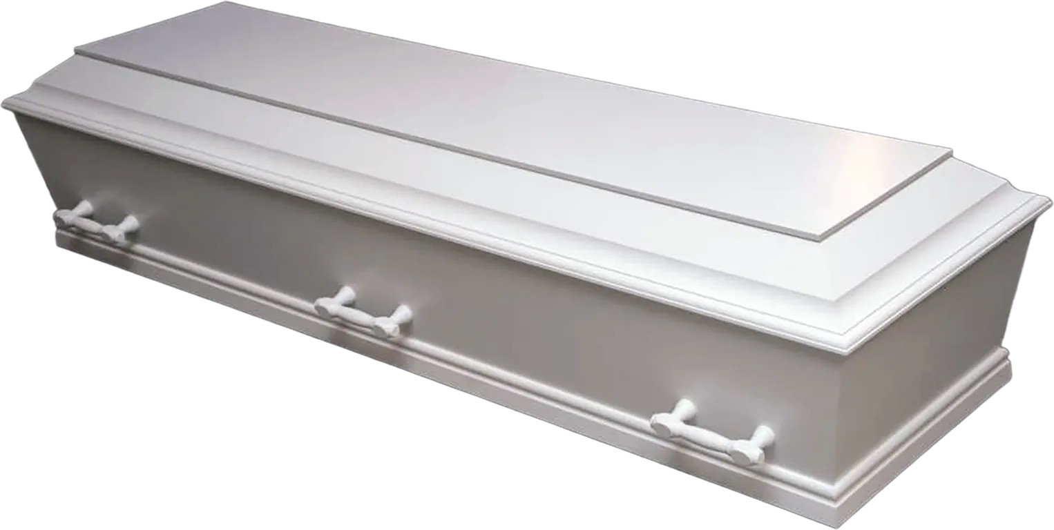 Kremeringskiste – Hvid dansk kiste med 6 håndtag